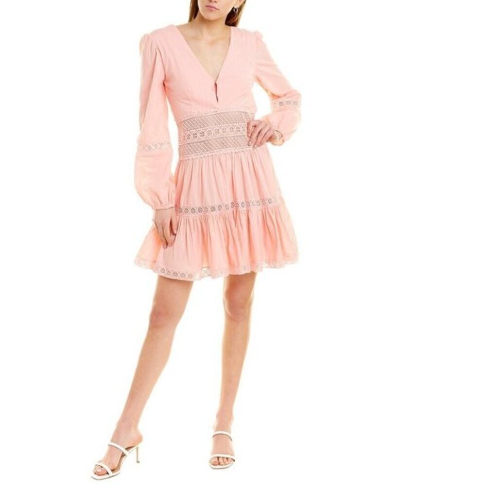 Area Stars Pink Crochet Tiered V-Neck Cotton Dress Size Medium NWT